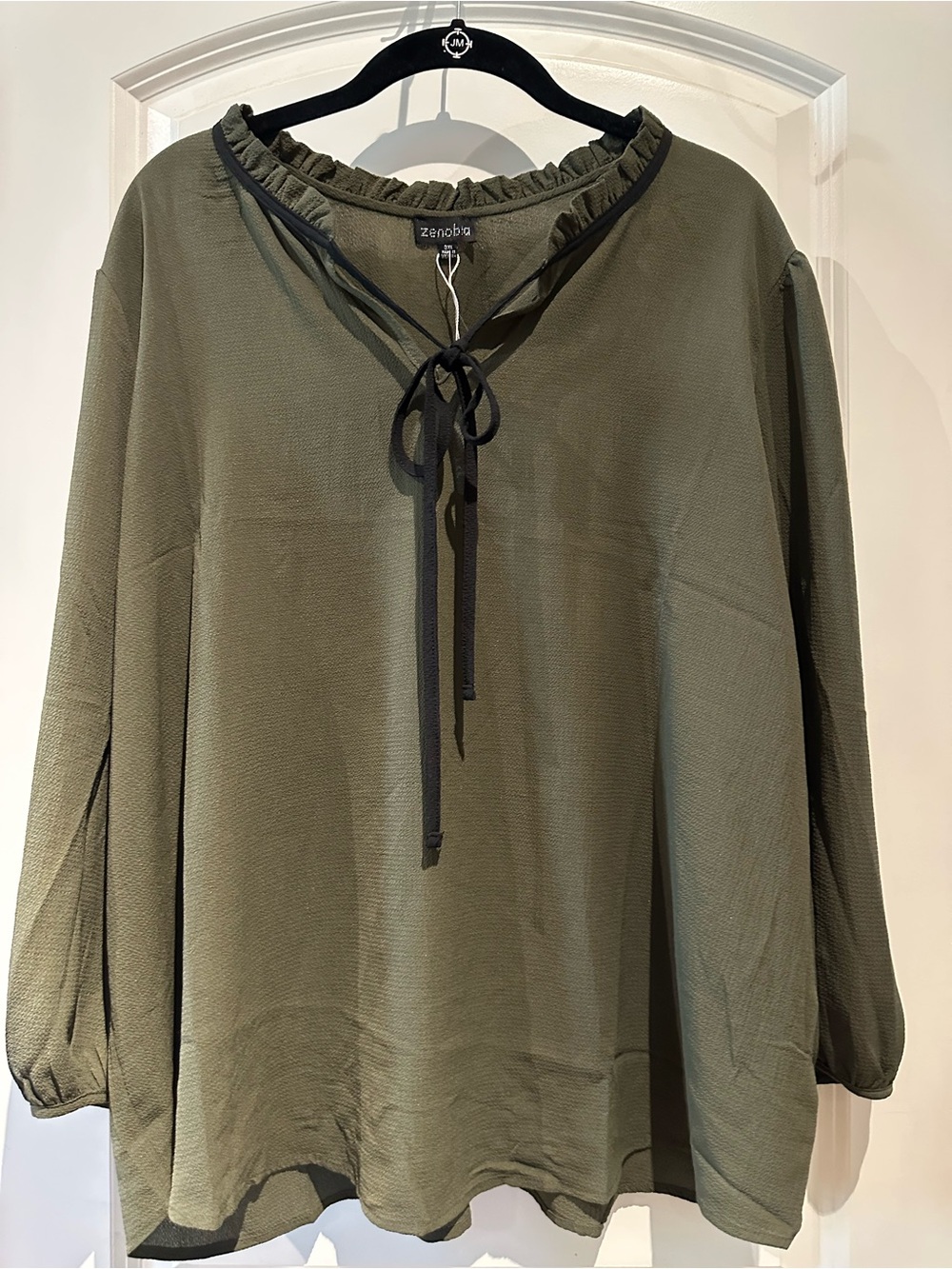 Zenobia Olive Tie-Neck Ruffle Blouse